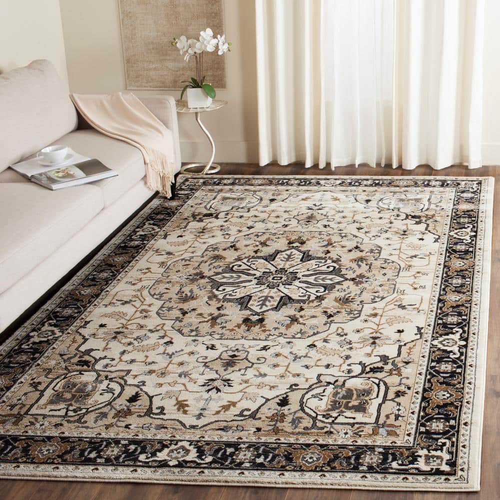 Cream and Navy Floral Rectangular Area Rug, 12' x 15'