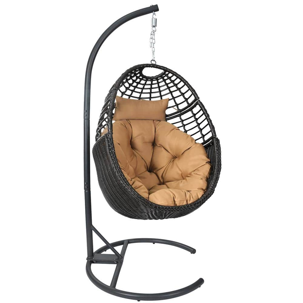 37 in. W Dark Brown Hand-Woven Wicker Metal Outdoor Single Freestanding Patio Swing Egg Chair with Cushion and Stand -  TWT, SZSDLAA