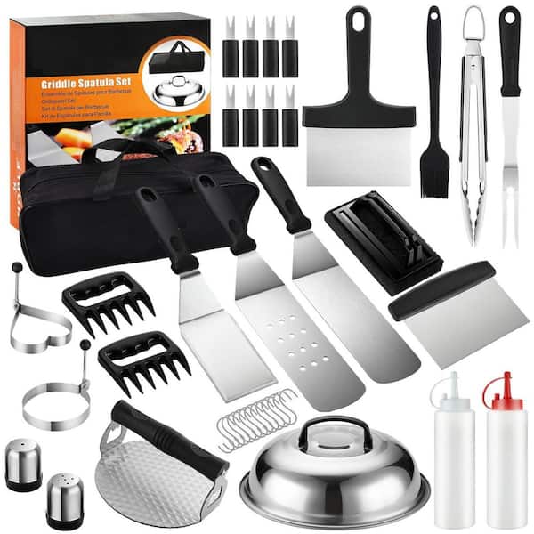 38-Piece Grill Tools Set for Outdoor Barbecue, Griddle Spatula Set with Tongs, Smash Burger Press, Carry Bag, Black