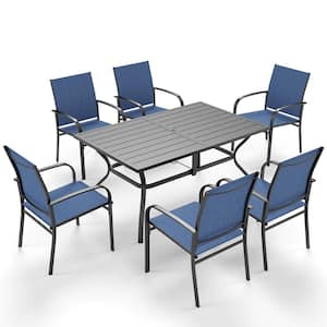 Black 7-Piece Metal Slat Rectangle Table Outdoor Patio Dining Set with Blue Textilene Chairs