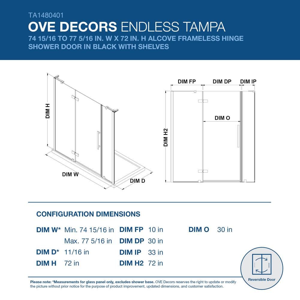 Tampa Black Frameless Alcove Shower Kit with Shelves, 77" x 72"