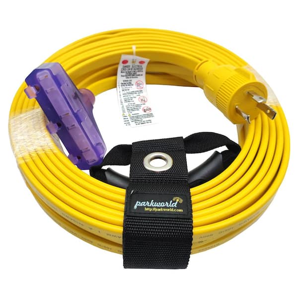 parkworld 50 ft. 10/3 30 Amp 125-Volt Twist Lock L5-30 to 3 x 5-15R Flat Generator Extension Cord with Lighted End, Yellow