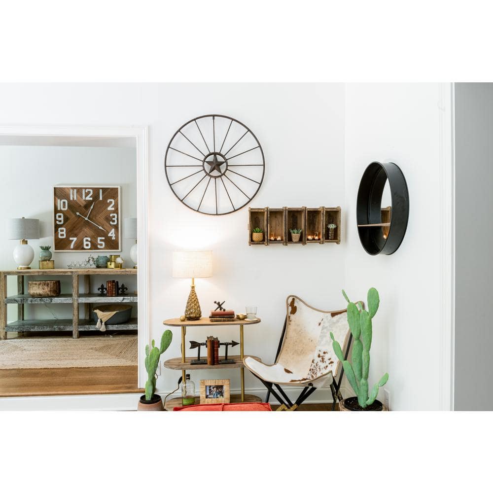 Contemporary Black Metal & Wood Round Wall Mirror with Shelf