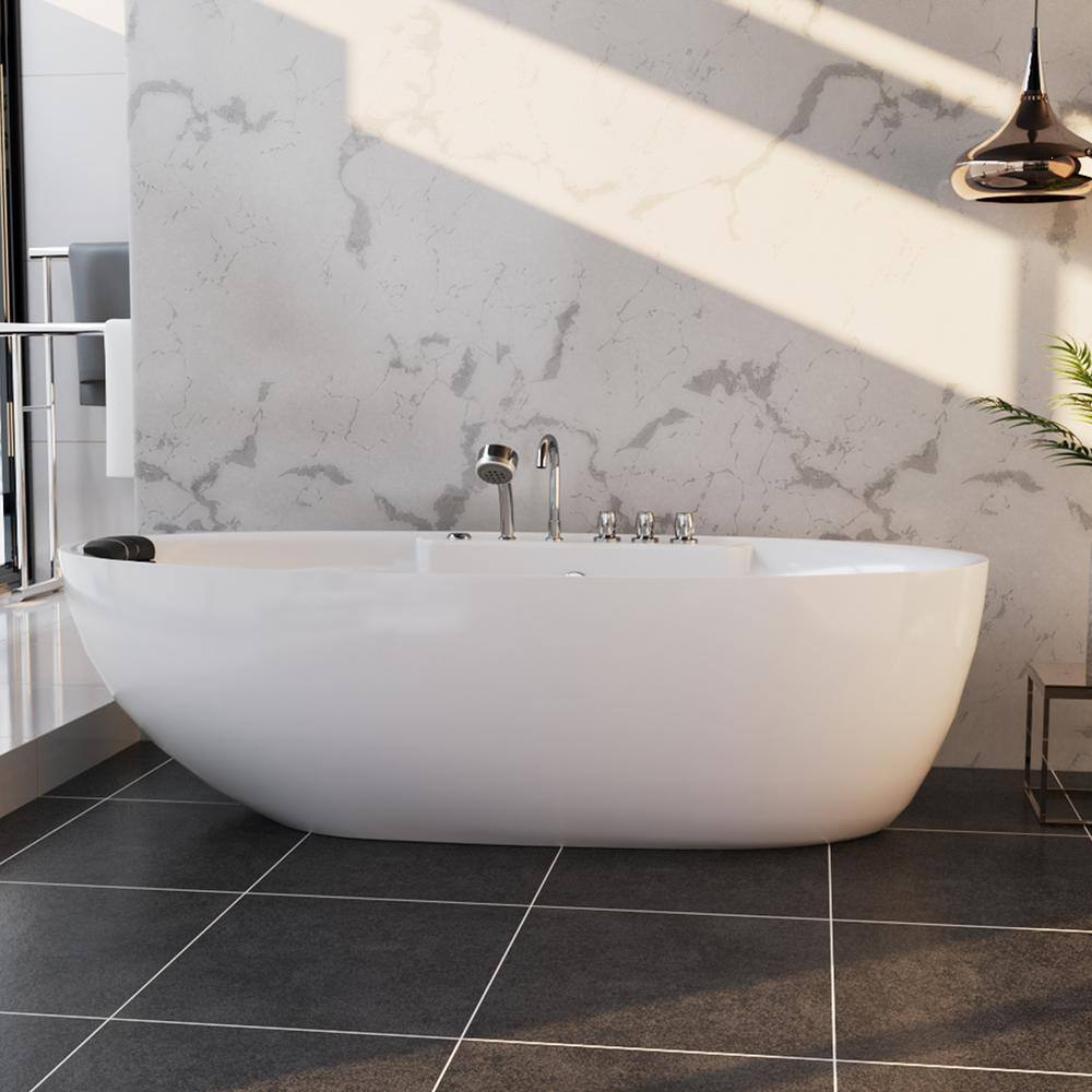 71'' White Acrylic Freestanding Whirlpool Bathtub with Faucet
