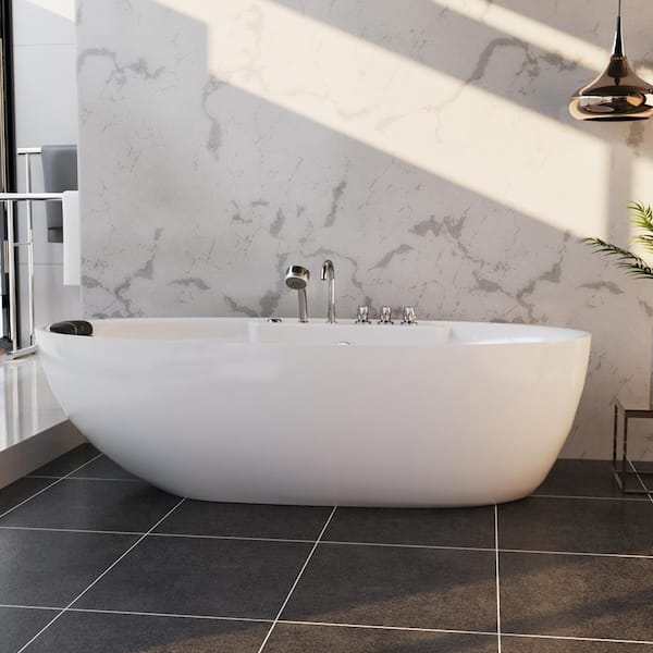71 in. Center Drain Acrylic Freestanding Flatbottom Whirlpool Bathtub in White with Faucet - Water Jets