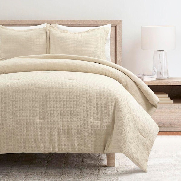 Haniya Solid Waffle 3 Pieces Neutral Solid Cotton King Comforter Set