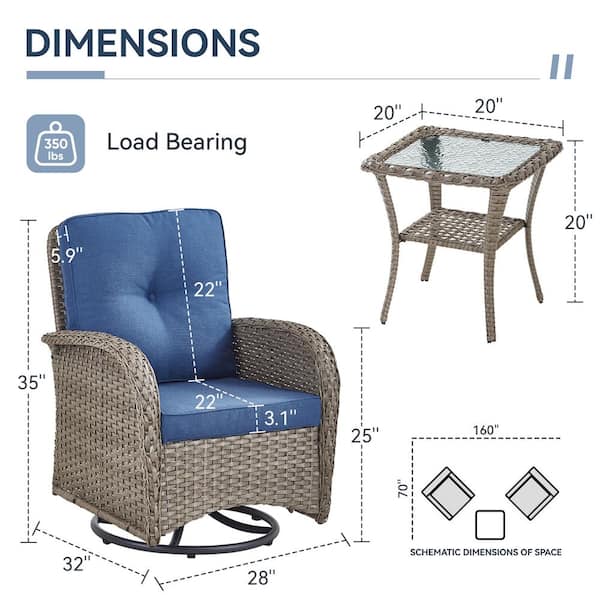 Flatarmrest 5-Piece Gray Wicker Patio Conversation Set with Olefin Blue Cushions Couch/Patio Swivel Chairs