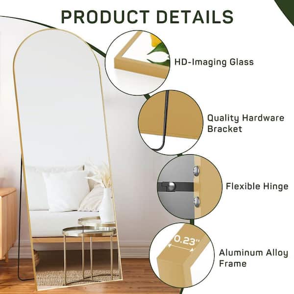 64 in. x 21 in. Full Length Arched Top Wall Mount Bathroom Vanity Mirror with Stand Aluminum Alloy Thin Frame in Gold