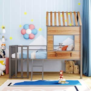 Playhouse Silver Twin Size Loft Bed for Kids, Metal Low Loft Bed with Wood Roof and Window, Fence-Shaped Guardrail