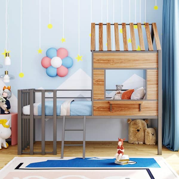 Playhouse Silver Twin Size Loft Bed for Kids, Metal Low Loft Bed with Wood Roof and Window, Fence-Shaped Guardrail