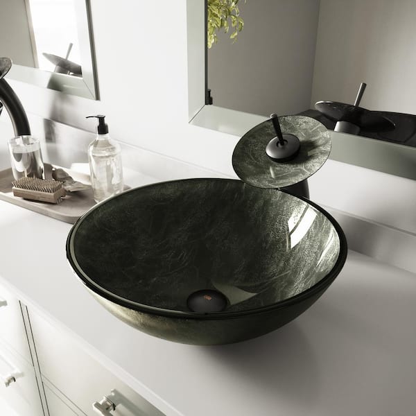 VIGO Gray Handmade Glass Round Vessel Bathroom Sink in Gray Onyx VIGO Gray Handmade Glass Round Vessel Bathroom Sink in Gray Onyx