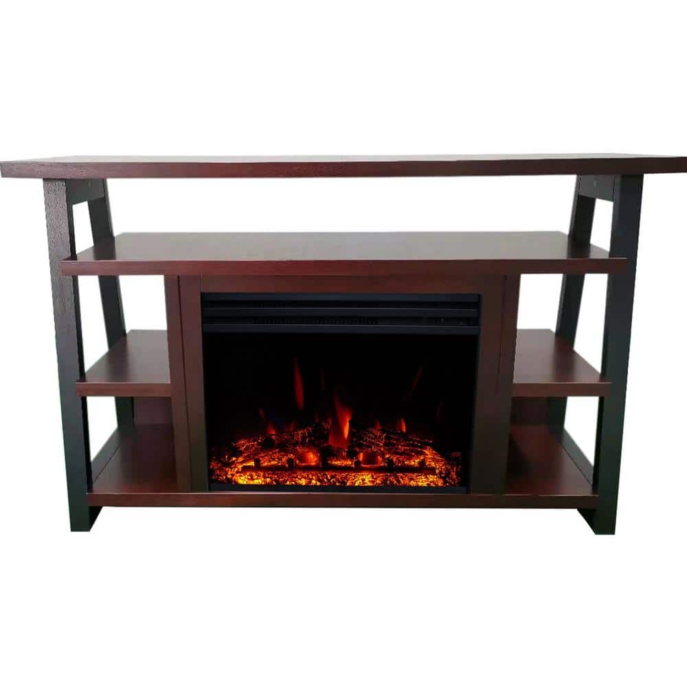Hanover Industrial Chic 53.1 in. Width Freestanding Electric Fireplace TV Stand in Mahogany with 10 LED Color Effects, Brown