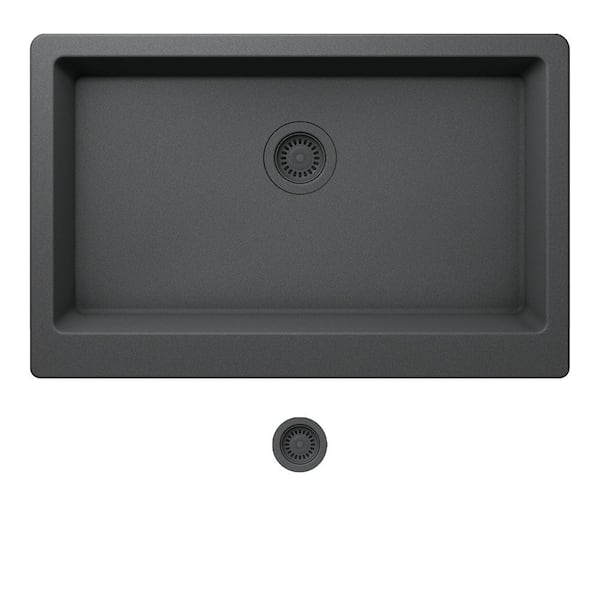 Stonehaven 33 in. Farmhouse Charcoal Gray Granite Composite Single Bowl Apron Front Kitchen Sink with Matching Strainer