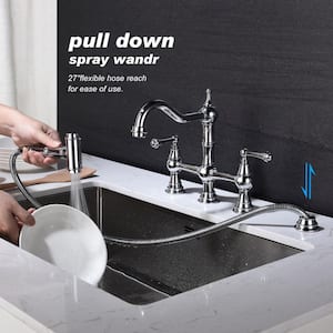 2 Handles 4 Holes 8.85 in. Solid Brass Bridge Dual Handles Kitchen Faucet with Pull-Out Side Sprayer in Chrome