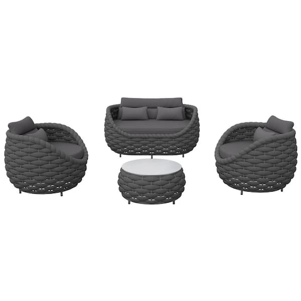 TWT Bird's Nest 4-Piece Black Aluminum Hand-Woven Outdoor Patio Waterproof Sectional Seating Set with Dark Grey Cushions