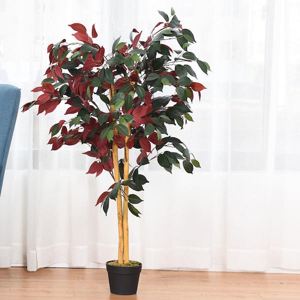 Gymax 4 ft. Artificial Capensia Bush Home Decor Red Green Leaves
