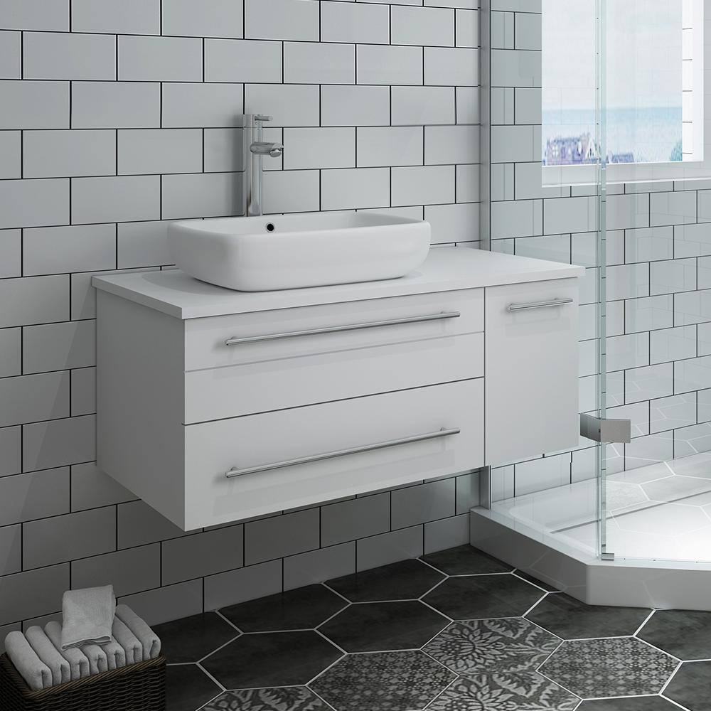 Lucera 36" White Quartz Stone Wall-Mount Vanity with Vessel Sink