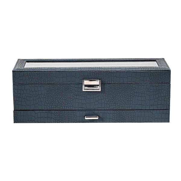 Angel Sar Blue 6 Slot Watch Box with Drawer, Luxury Watch Display Case, Jewelry and Watch Storage Watch Organizer for Men Women