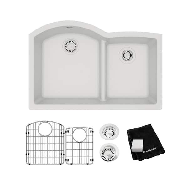 Elkay Quartz Classic  33in. Undermount 2 Bowl  White Granite/Quartz Composite Sink w/ Accessories