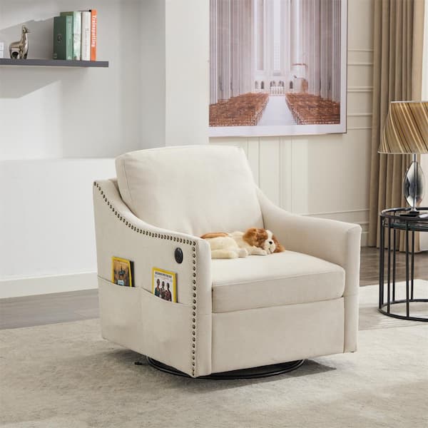 Cream White Fabric Swivel Accent Arm Chair with USB Ports and Side Pockets (Set of 1)