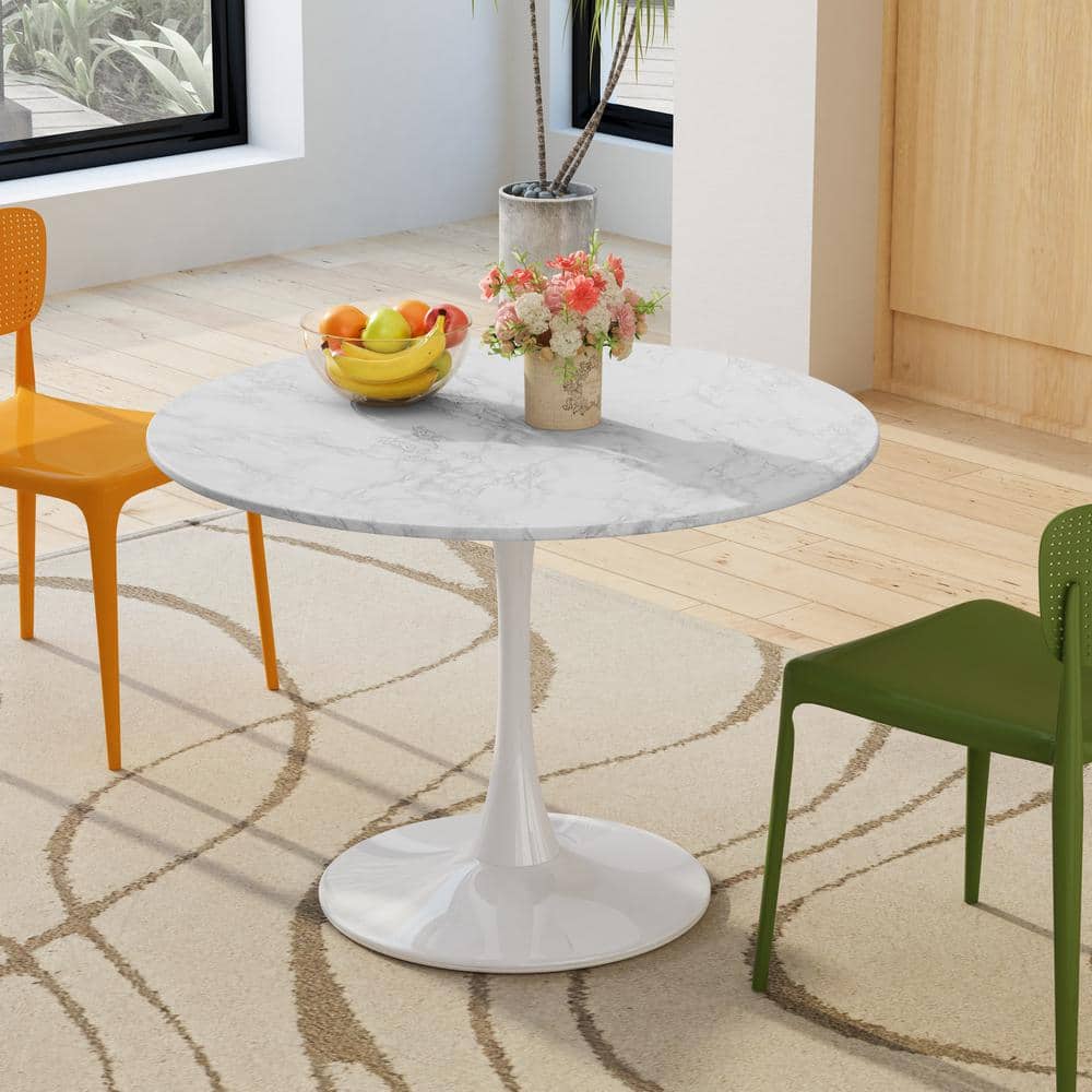 Modern White Wood 42 in. Round Pedestal Dining Table with Marble Table