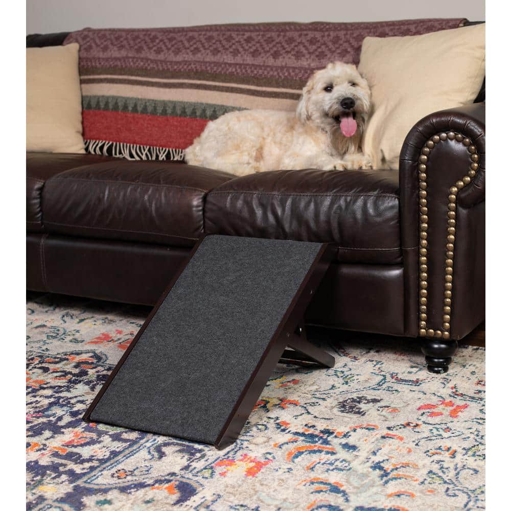 Espresso Wood Adjustable Folding Pet Ramp with Carpet