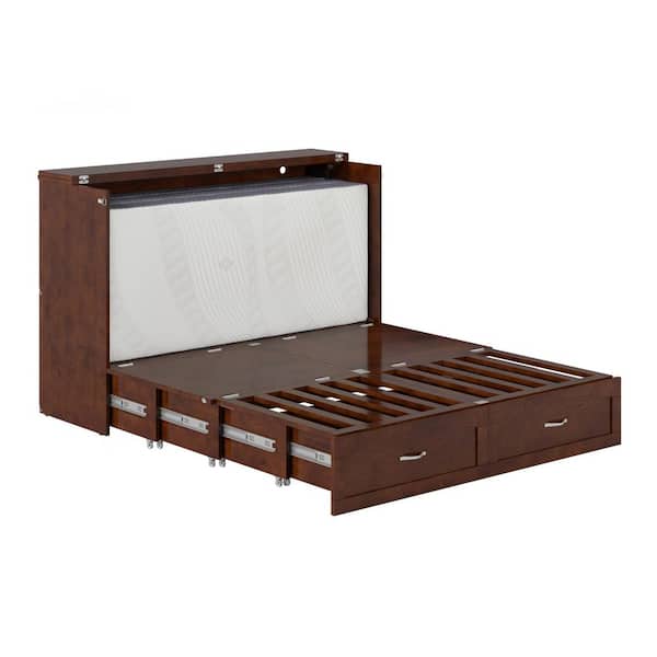 Marion Walnut Brown Wood Frame Queen Murphy Bed Chest with 6 in. Mattress Storage Drawer and Built-in Charger