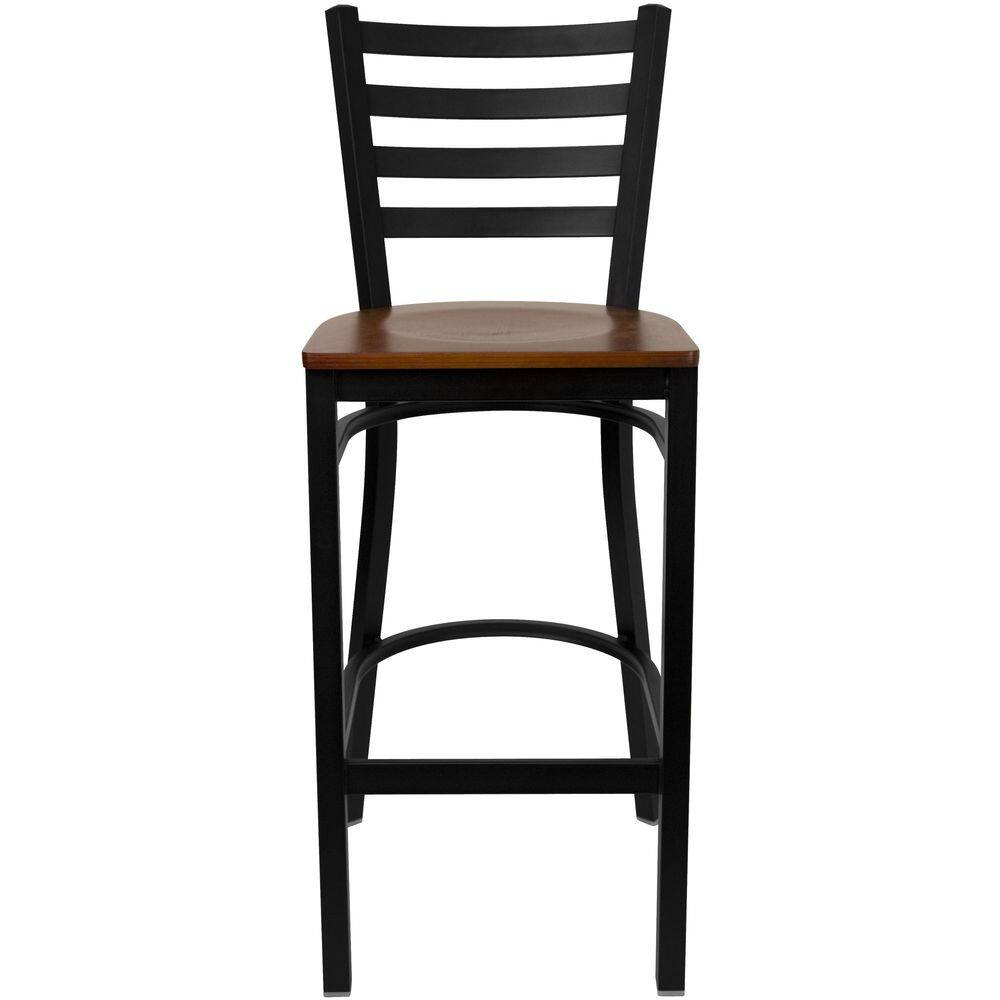 Elegant Ladder Back Black Metal Barstool with Cherry Wood Seat