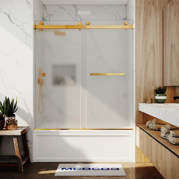MCOCOD 56-61 in. W x 66 in. H Double Sliding Frameless Smooth Sliding Tub Door in Brushed Gold with 3/8 in. Frosted Glass