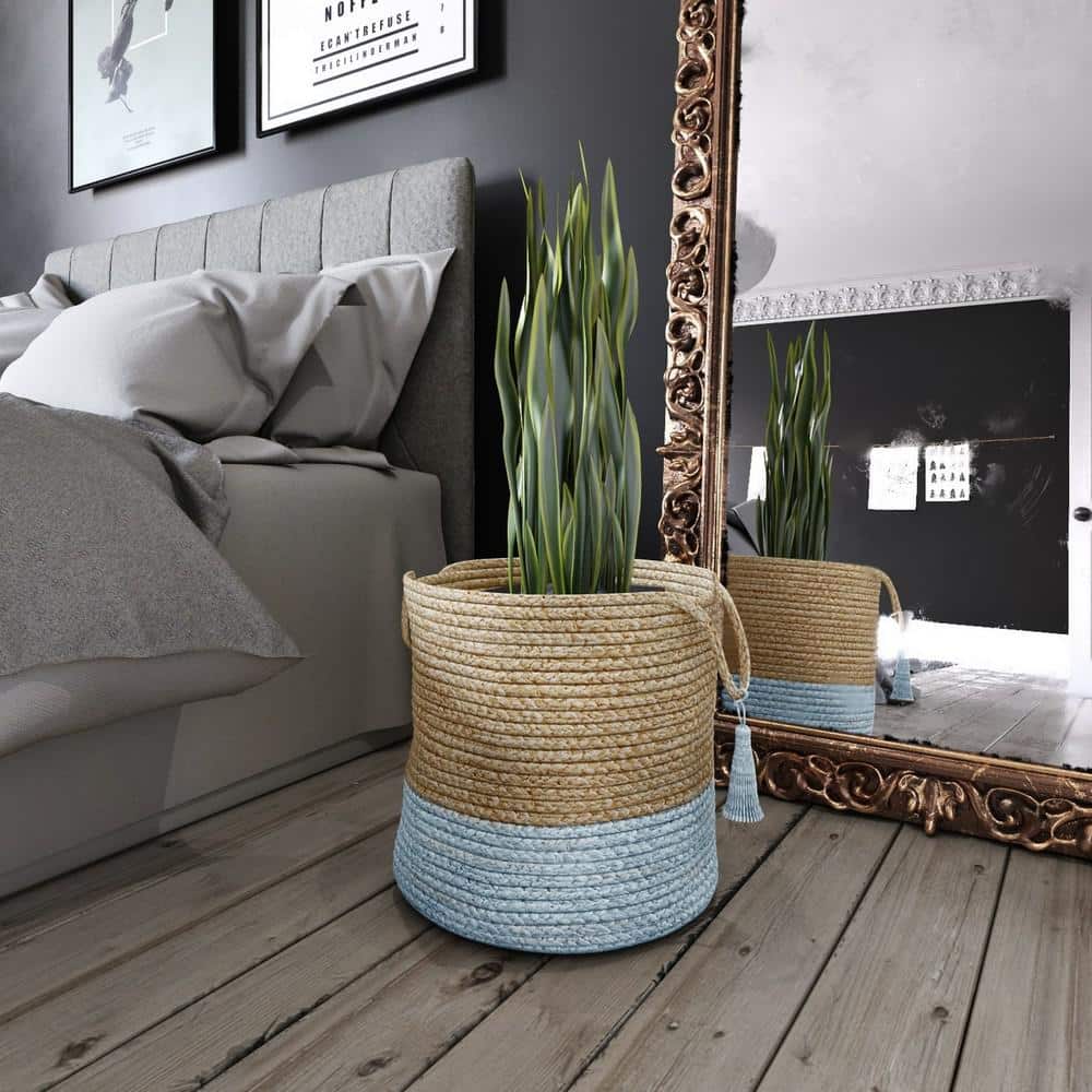 Handwoven Natural and Light Blue Jute Round Storage Basket with Handles