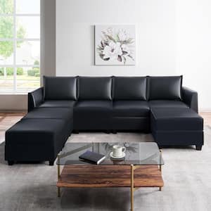 81.89 in. Faux Leather Modern 4-Seater Upholstered Sectional Sofa Bed with 3 Ottoman in. Black