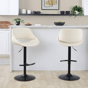 Fabrico 32.5 in. Cream Faux Leather and Black Metal Adjustable Bar Stool with Rounded T Footrest (Set of 2)