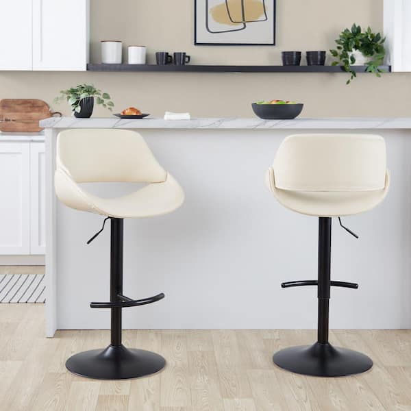 Lumisource Fabrico 32.5 in. Cream Faux Leather and Black Metal Adjustable Bar Stool with Rounded T Footrest (Set of 2)