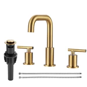 8 in. Widespread Double-Handle High-Arc Bathroom Sink Faucet with Drain Kit in Brushed Gold