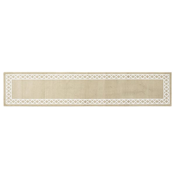 Washable Skid Resistant Beige /White  2.6 ft. x 12 ft. All Loop Tufted Area Rug