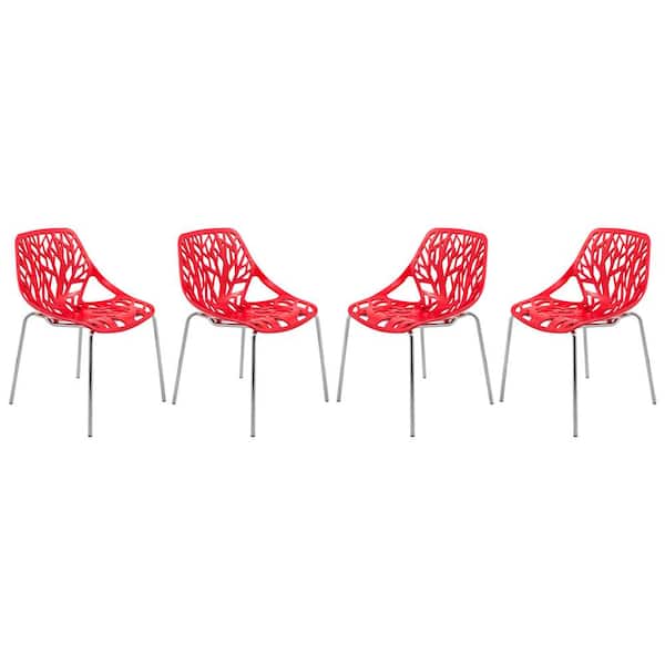Stackable Dining Chair in Polypropylene Plastic with Chrome Metal Legs Set of 4 Modern Cut-Out Design Backrest in Red