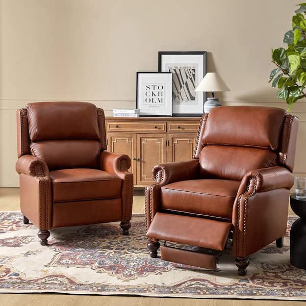Elisabete Modern Retro Brown Nail Head Trim Genuine Leather Cigar Recliner with Tapered Birch Wood Legs (Set of 2)