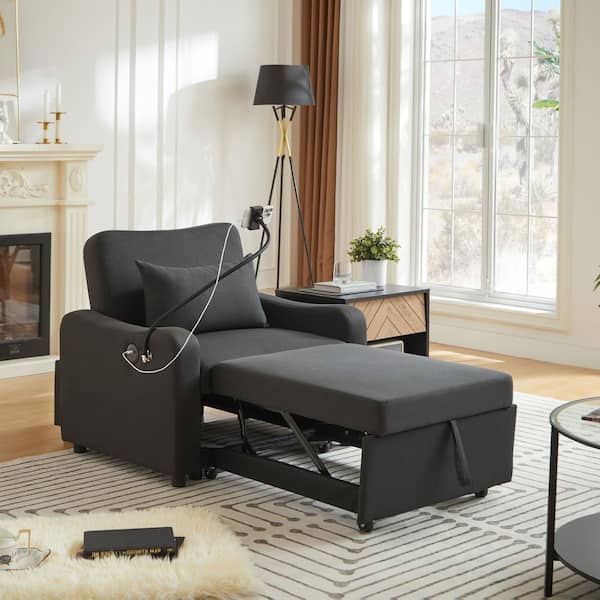Convertible Sleeper Sofa Bed Black Linen Upholstered Arm Chair with Adjustable Back, Charging Ports, Phone Holder