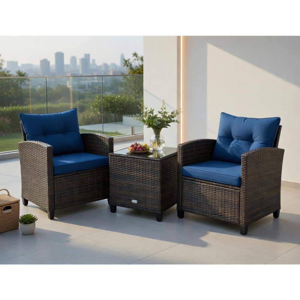 3-Piece PE Rattan Patio Set with Navy Blue Cushions & Tempered Glass Coffee Table for Outdoor Spaces price history on PriceWatchPro