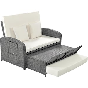 Gray Wicker Outdoor Double Chaise Lounge with Adjustable Back and Beige Cushions