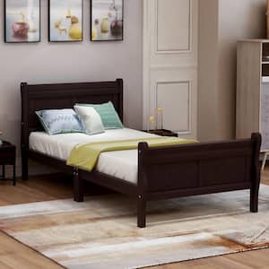 Espresso Twin Size Solid Wood Platform Bed with Headboard and Footboard, Kid Platform Sleigh Bed Frame with Wood Slat