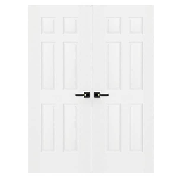 60 in. x 80 in. 6 Panel, Solid Wood and MDF, White Primed, Hollow Core Interior Door Slab With Black Lever Handle