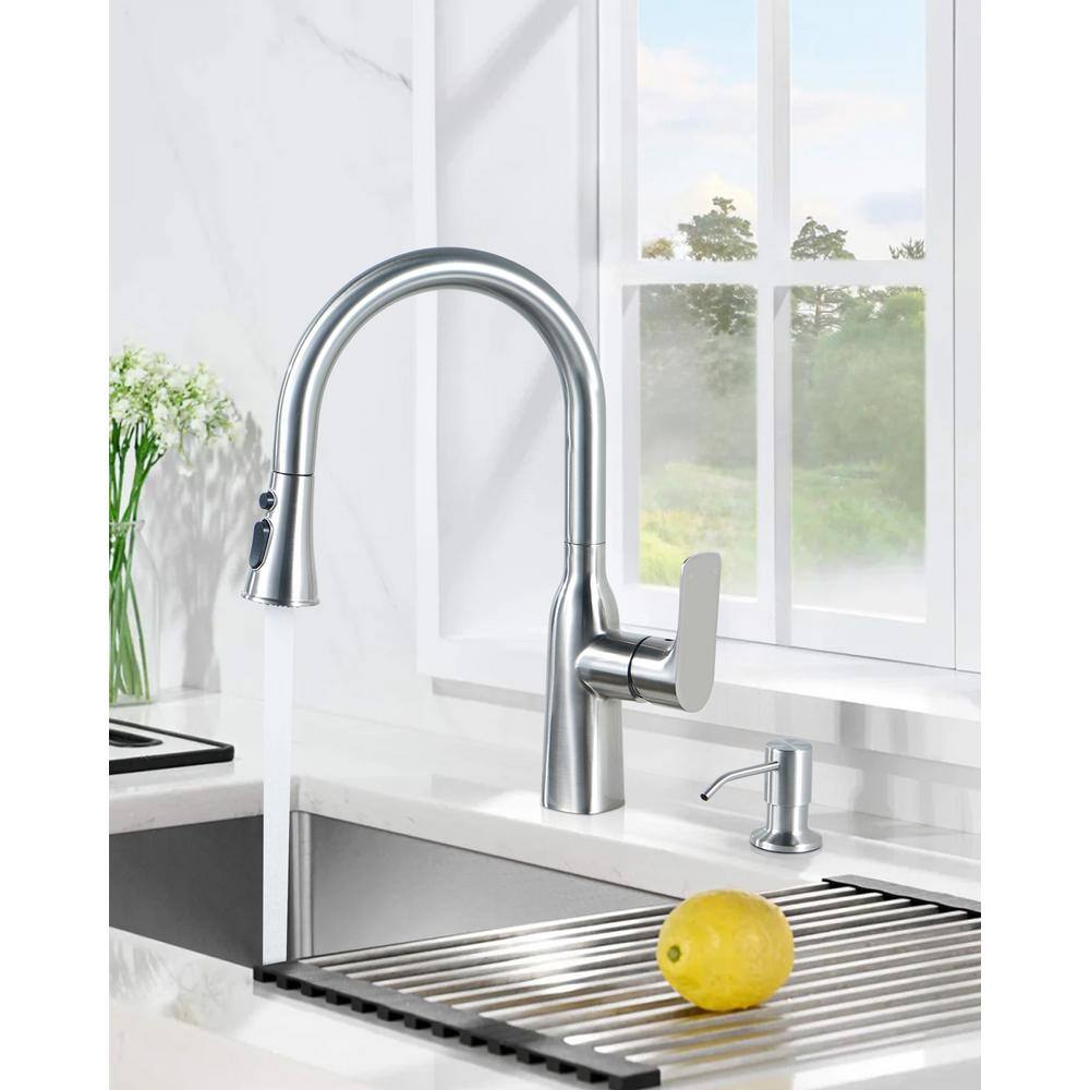 Brushed Nickel Stainless Steel Pull Down Kitchen Faucet with Soap Dispenser