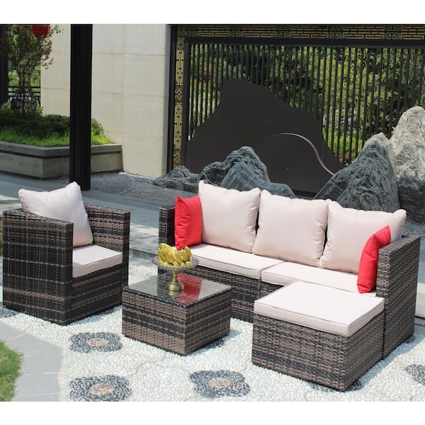 Unbranded 4-Piece Brown Wicker Rattan Outdoor Patio Conversation Sectional Sofa Furniture Set with Storage Box and Brown Cushions