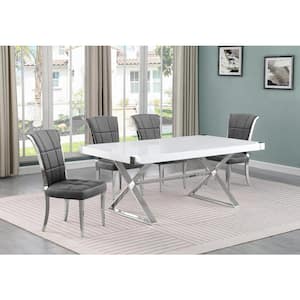 Miguel 5-Piece Rectangle White Wood Top Silver Stainless Steel Dining Set with 4 Dark Gray Velvet Chairs