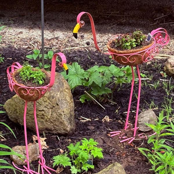 Set of 2 Pink Metal Flamingo Indoor/Outdoor Planters with Basket