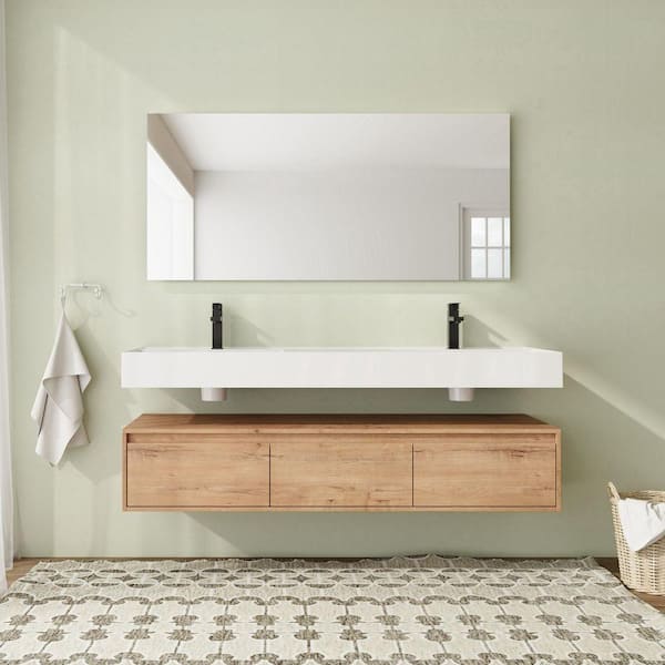 60 in. Wall-Mounted Double Oak Bath Vanity with White Resin Top Assembled