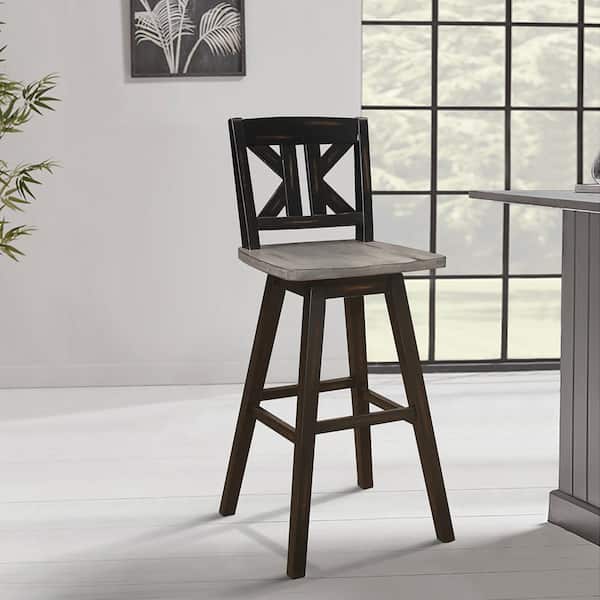 Fenton 28 in. Distressed Gray and Black Wood Swivel Pub Height Chair (Divided X-Back) with Wood Seat (Set of 2)