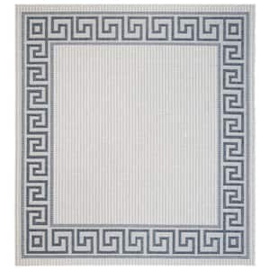 Bermuda Ivory/Blue 5 ft. x 5 ft. Square Border Striped Indoor/Outdoor Area Rug