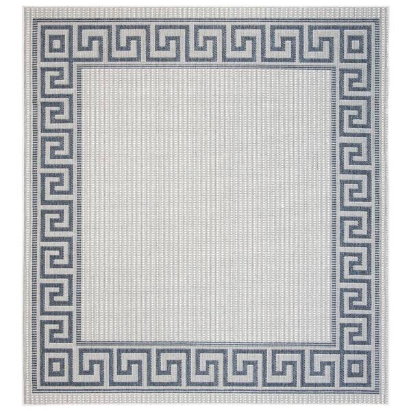 SAFAVIEH Bermuda Ivory/Blue 5 ft. x 5 ft. Square Border Striped Indoor/Outdoor Area Rug